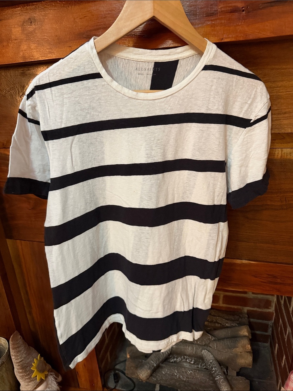 Men’s All Saints White and Black Stripe Crew Tee, Size Small